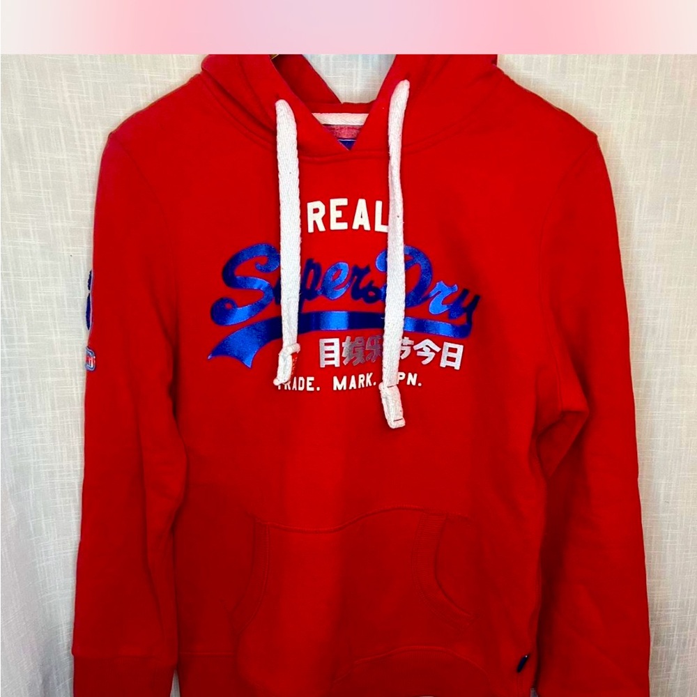 Superdry Red Sweatshirt Casual Pullover hooded sweatshirt w/ patches Japan FLAW
